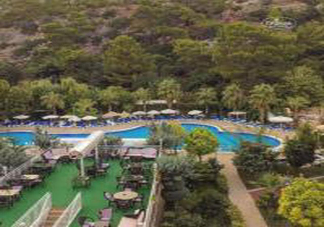 Miramor Hotel & Spa Antalia Esterno foto The photo shows a scenic view of a resort area featuring a large swimming pool surrounded by lush greenery and trees. Sun loungers are arranged around the pool, and there are tables visible in a dining area. The pool has a curved shape and is complem